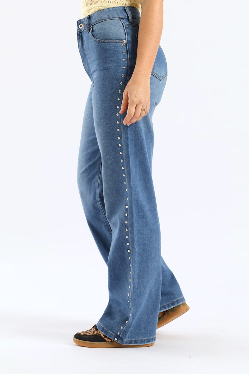 Hi Rise Studded Detail Wide Leg Denim - Mid Wash