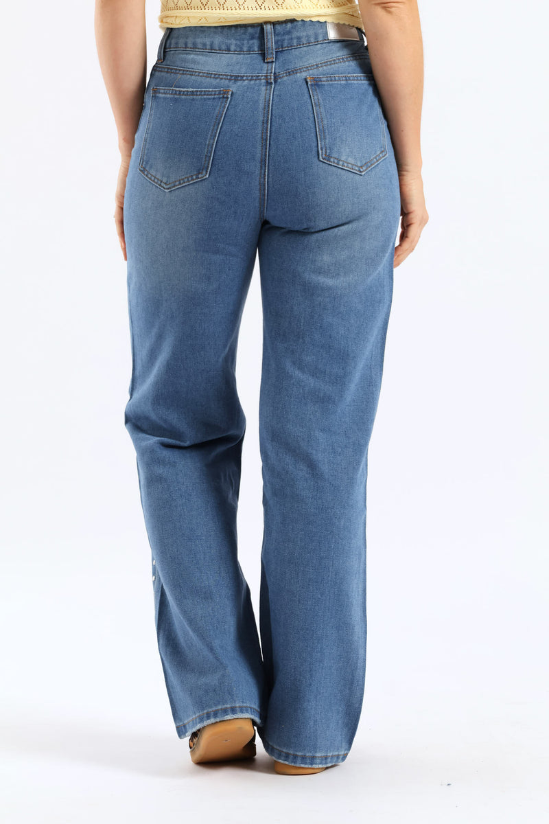 Hi Rise Studded Detail Wide Leg Denim - Mid Wash