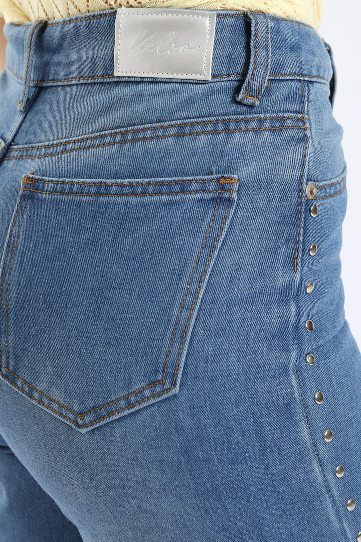 Hi Rise Studded Detail Wide Leg Denim - Mid Wash