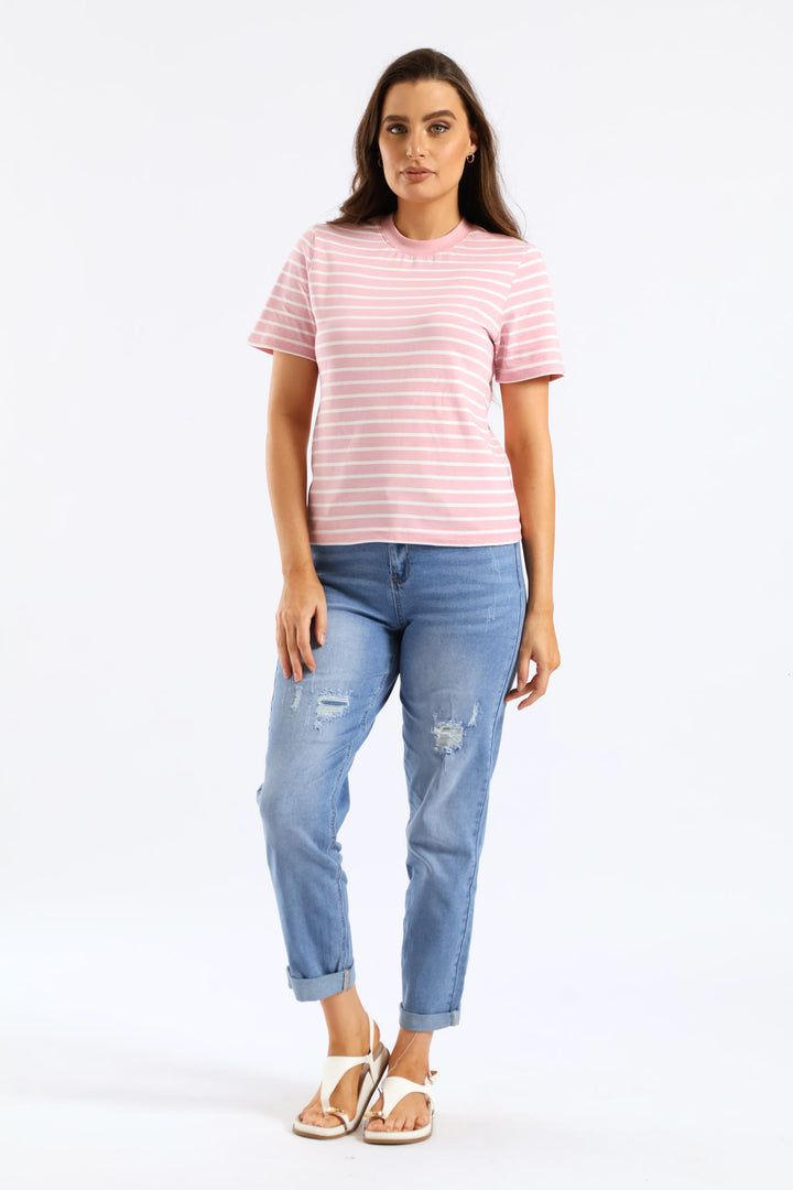 Stripe Cotton Rib Neck Boxy Tee - White/Pink