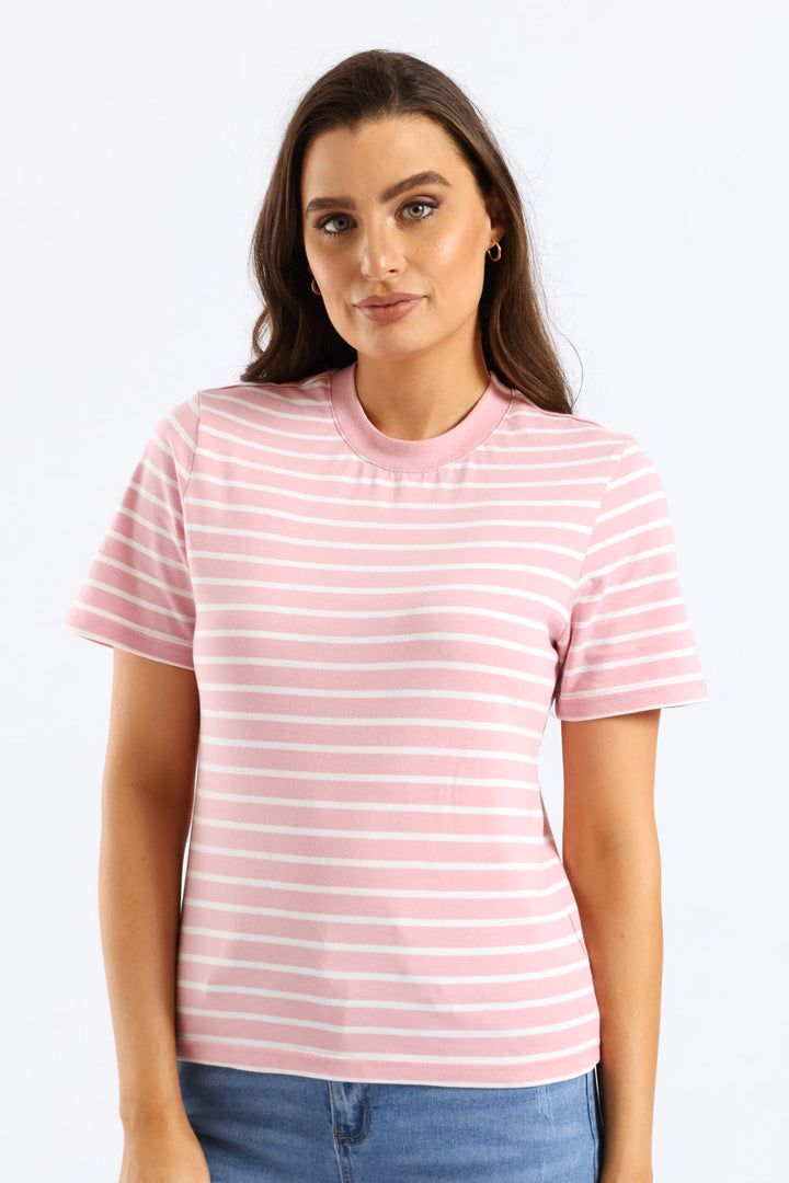 Stripe Cotton Rib Neck Boxy Tee - White/Pink