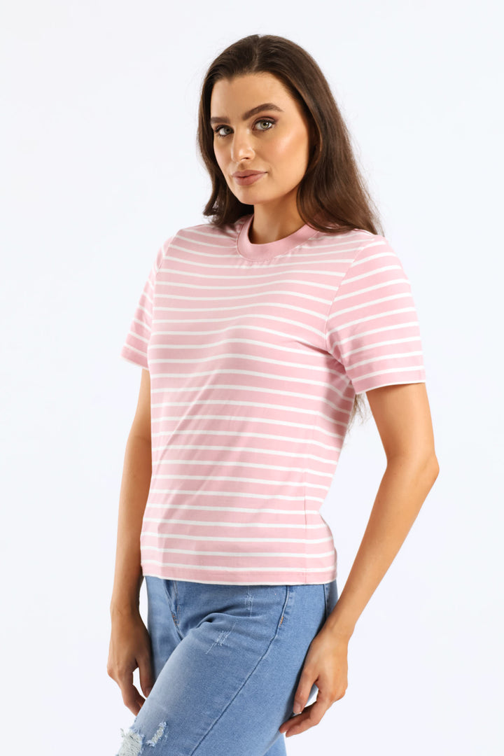 Stripe Cotton Rib Neck Boxy Tee - White/Pink