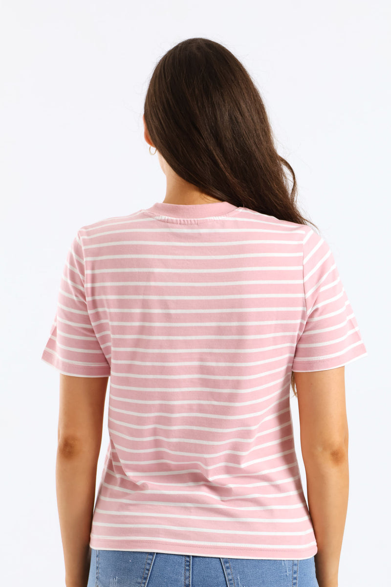 Stripe Cotton Rib Neck Boxy Tee - White/Pink