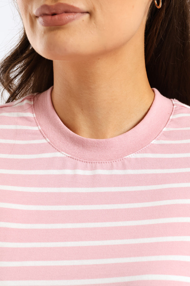 Stripe Cotton Rib Neck Boxy Tee - White/Pink