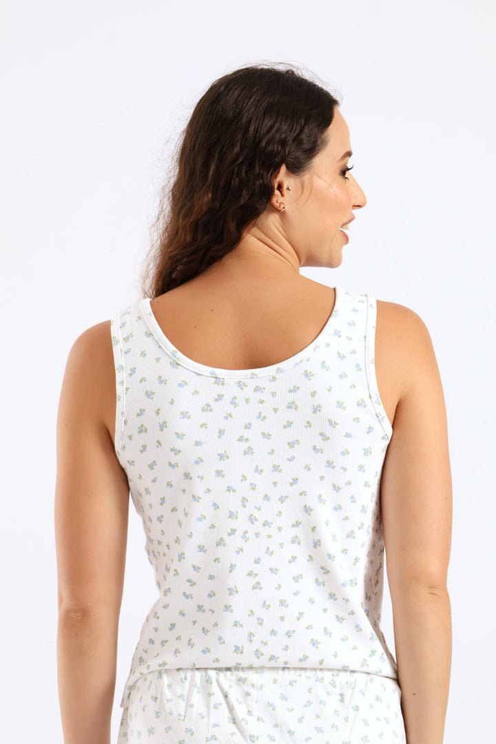 Ditsy Rib Knit Tank Top - White