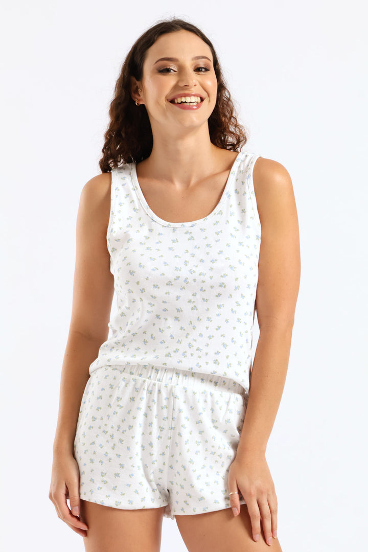 Ditsy Rib Knit Short - White