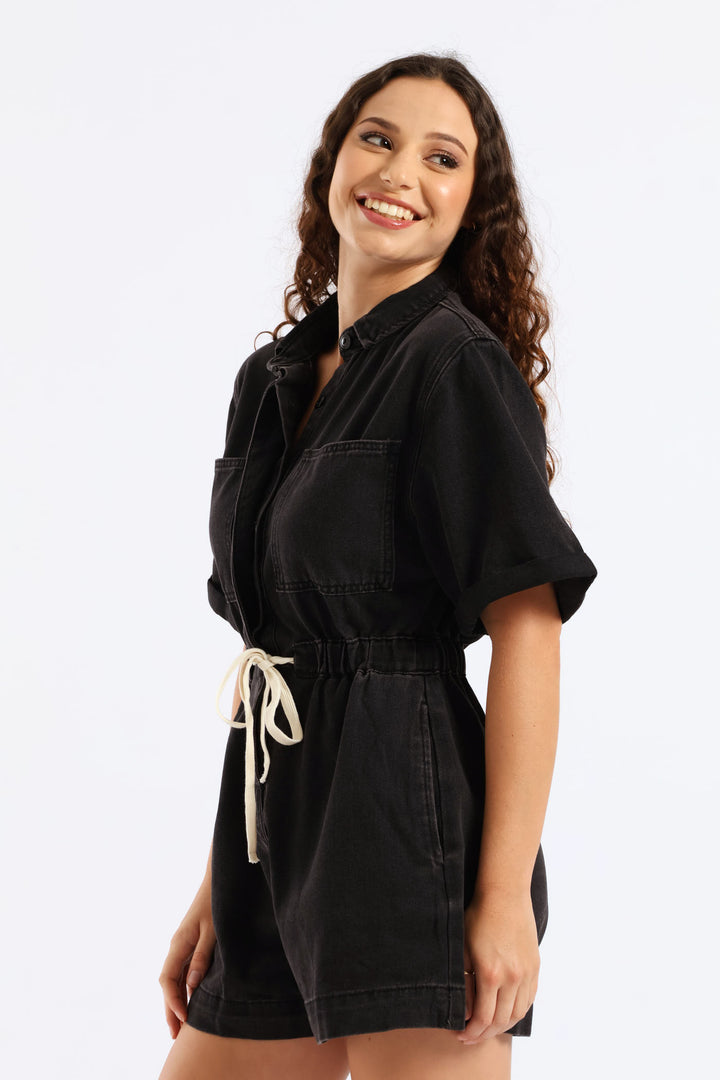 Denim Shortall Jumpsuit - Black
