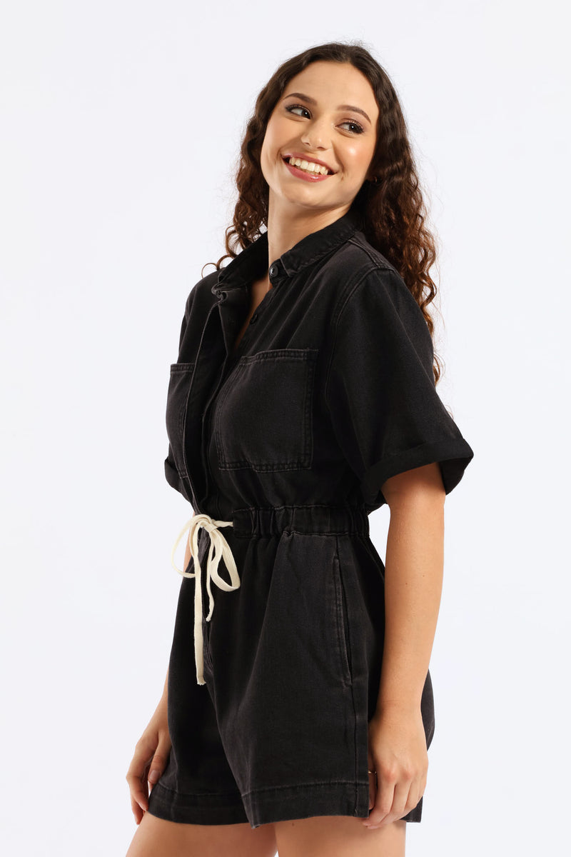 Denim Shortall Jumpsuit - Black