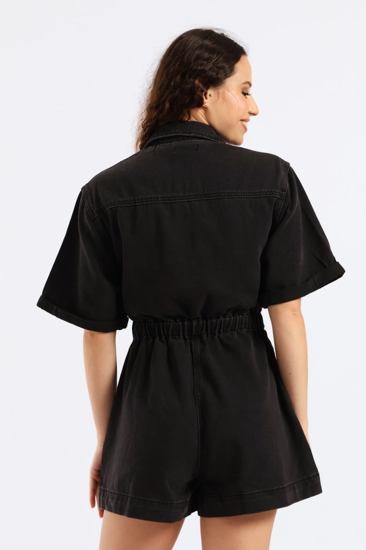 Denim Shortall Jumpsuit - Black
