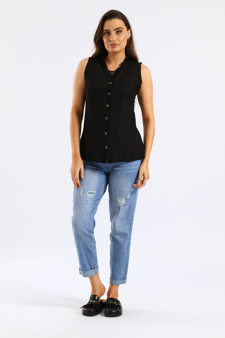 Button Through Crinkle Waistcoat Top - Black