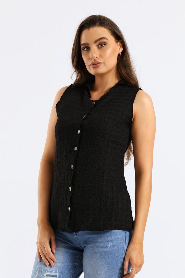 Button Through Crinkle Waistcoat Top - Black