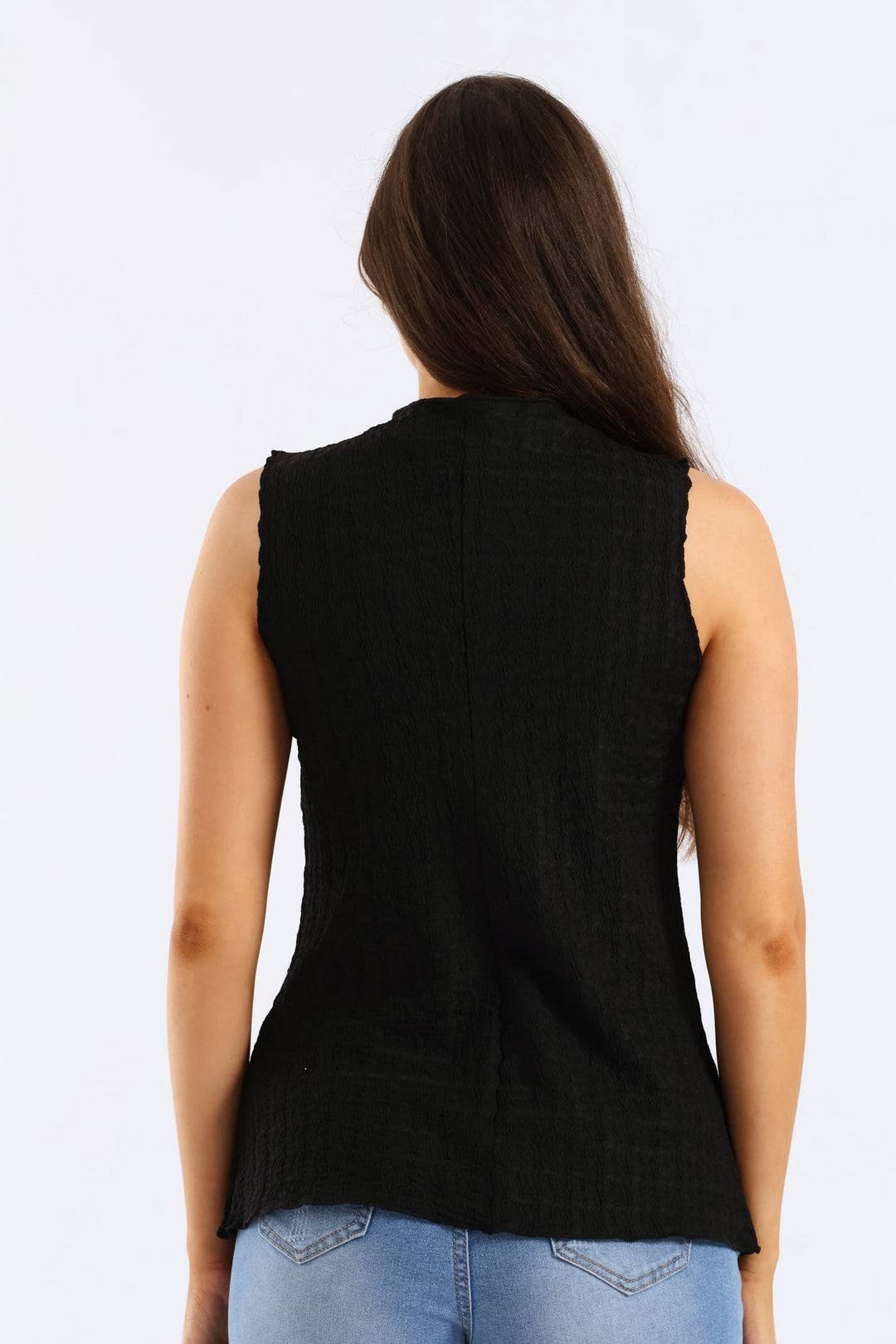 Button Through Crinkle Waistcoat Top - Black