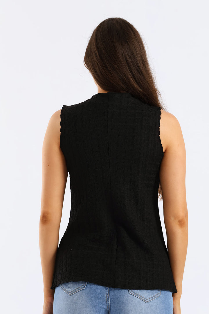 Button Through Crinkle Waistcoat Top - Black