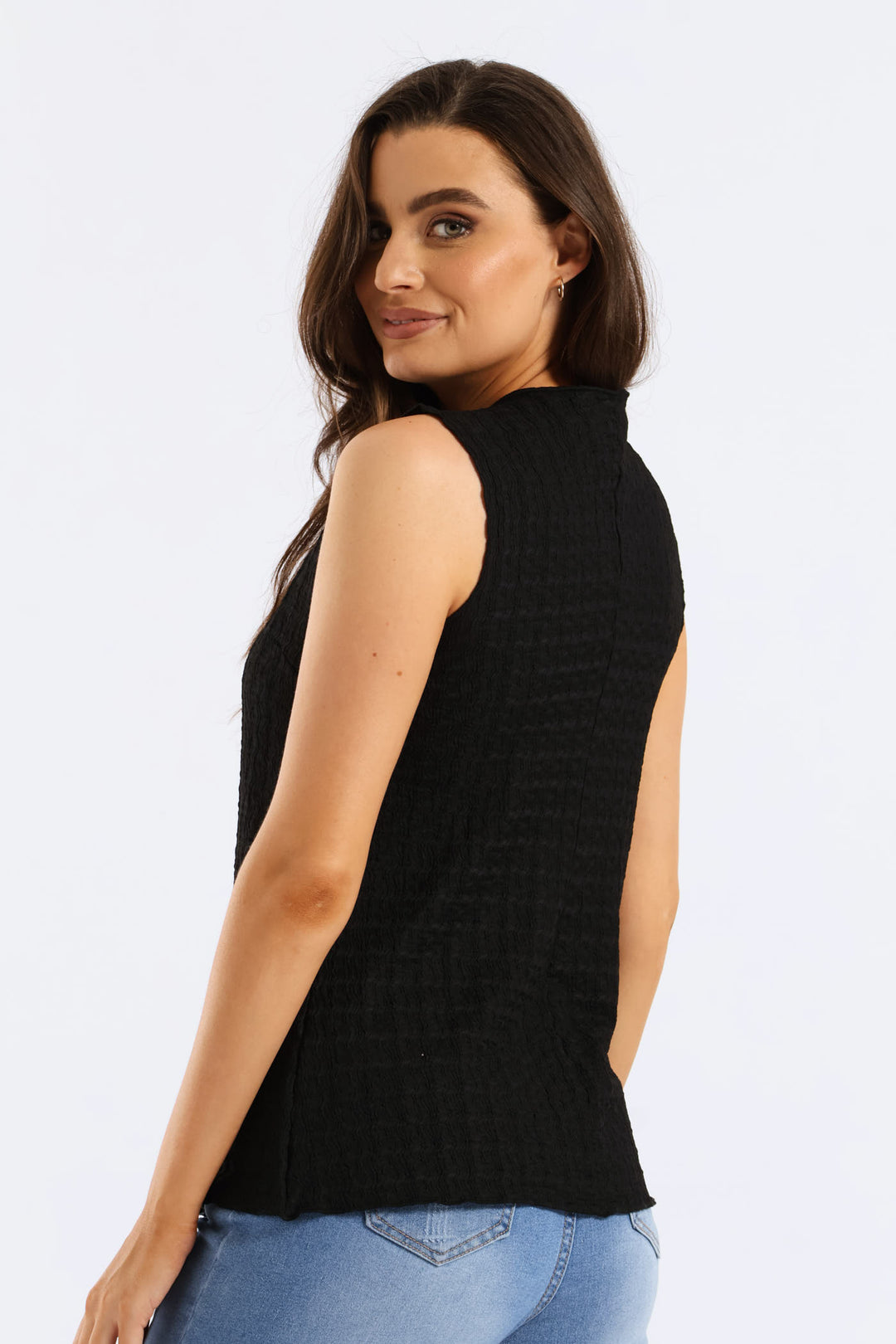 Button Through Crinkle Waistcoat Top - Black