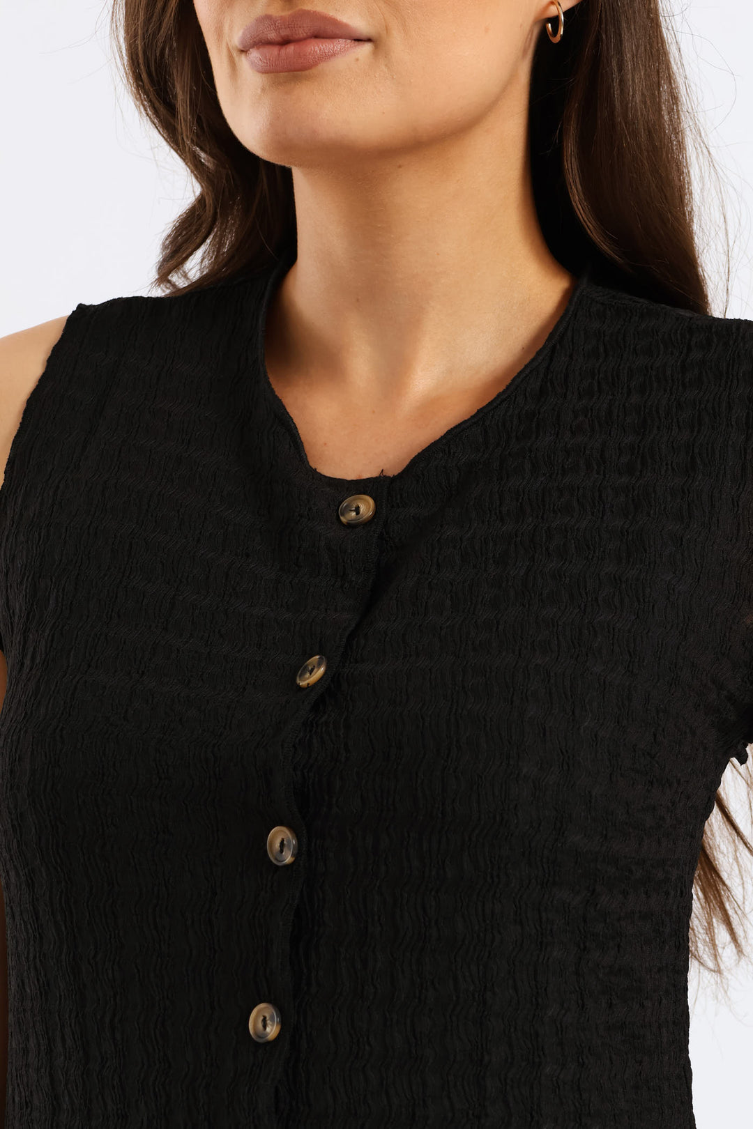 Button Through Crinkle Waistcoat Top - Black
