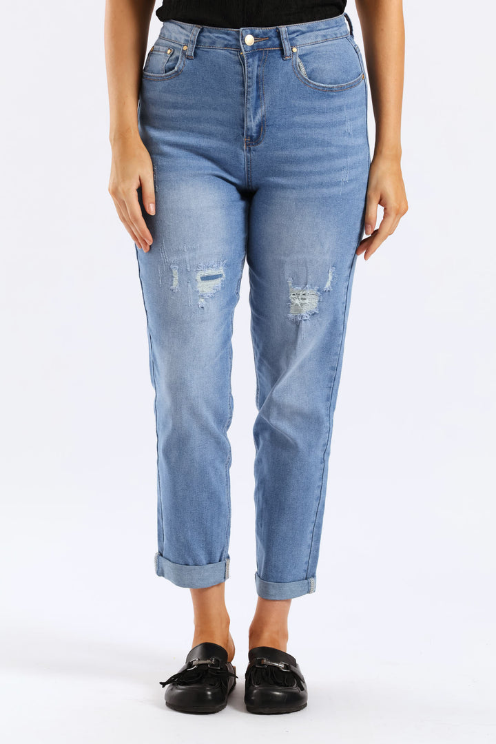 Hi-Waist Rip & Repair Mom Jean - Light Wash