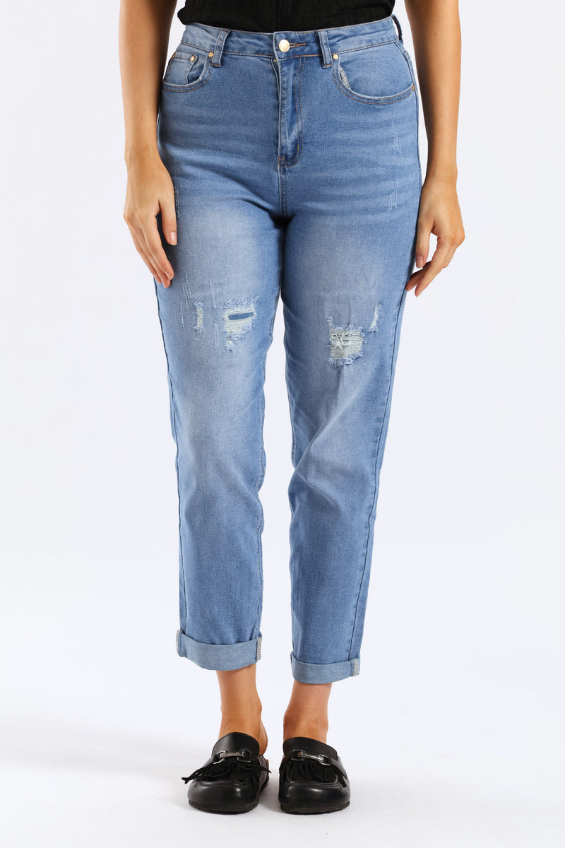 Hi-Waist Rip & Repair Mom Jean - Light Wash
