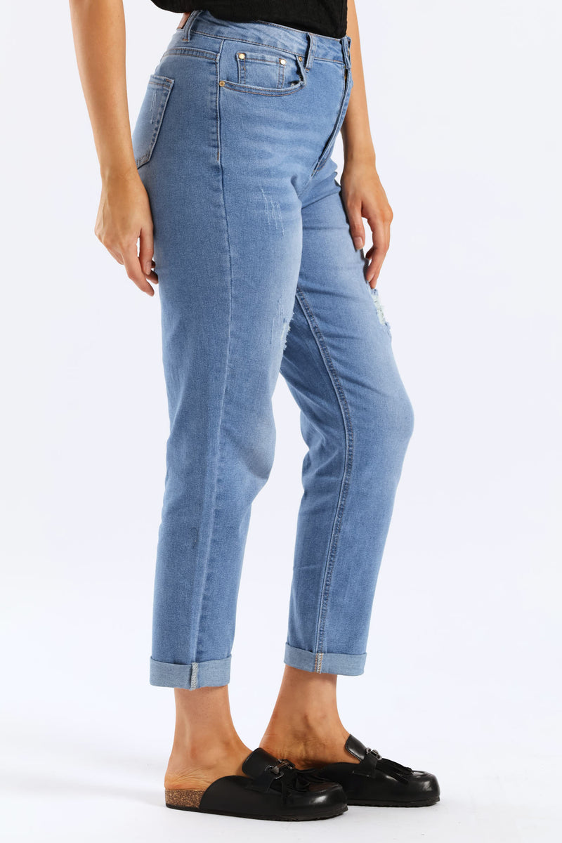 Hi-Waist Rip & Repair Mom Jean - Light Wash