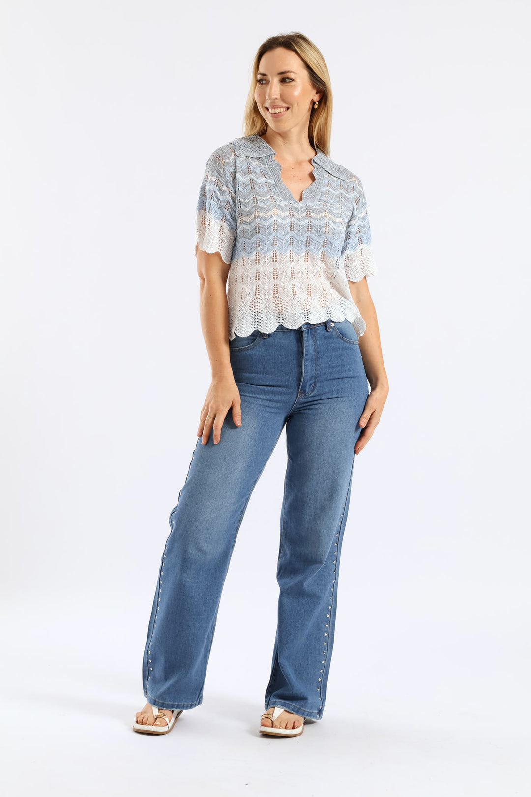 Lurex Collared Ombre Knitwear Top - Beige/Blue