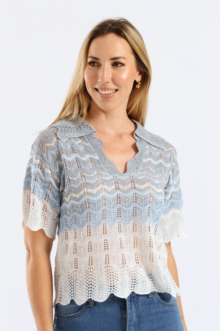 Lurex Collared Ombre Knitwear Top - Beige/Blue