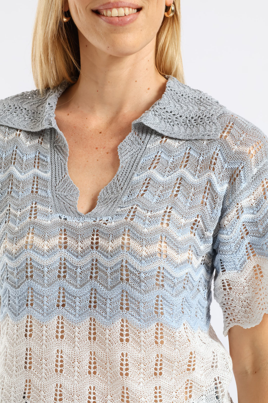 Lurex Collared Ombre Knitwear Top - Beige/Blue