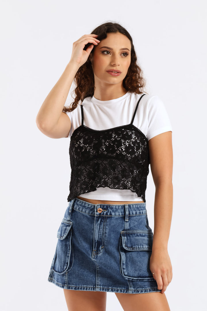 Lace Bralette Print Tee - White/Black