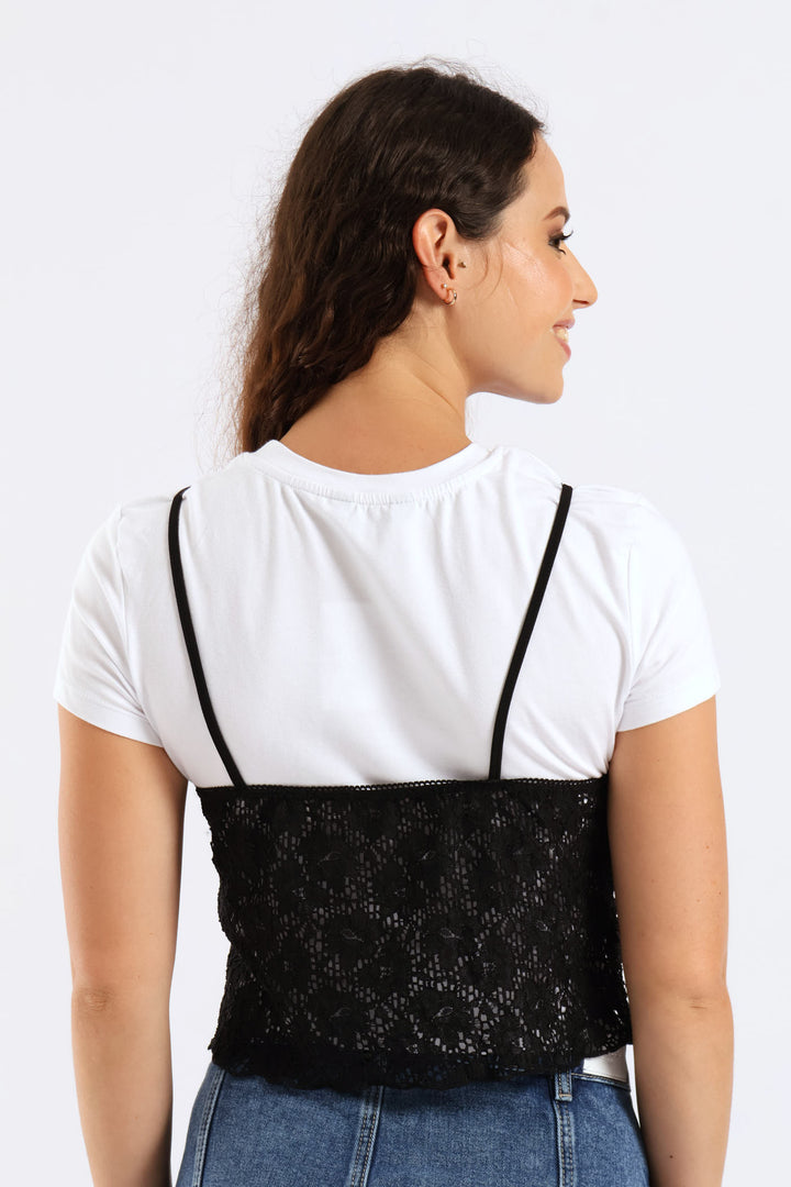 Lace Bralette Print Tee - White/Black