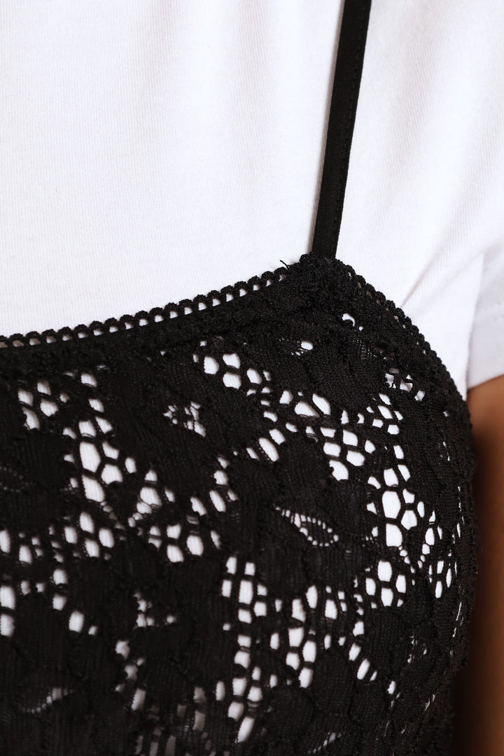 Lace Bralette Print Tee - White/Black