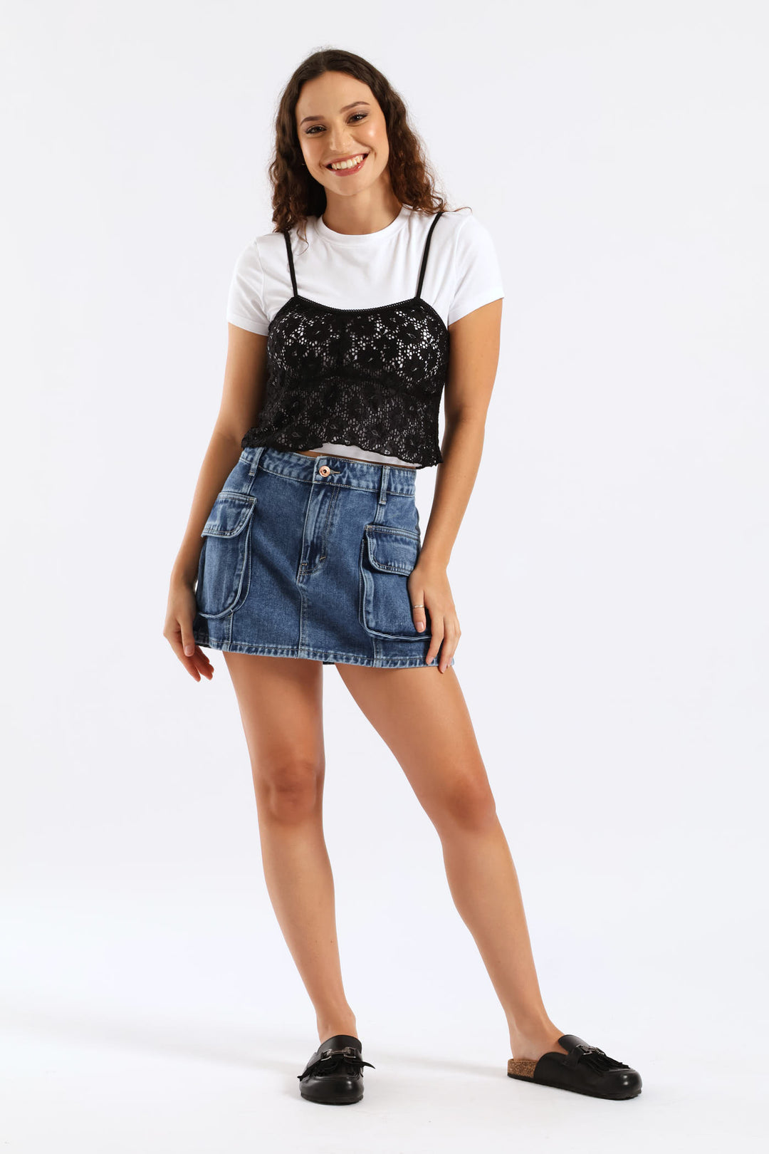 Cargo Panel Denim Mini Skirt - Salty Dark Wash