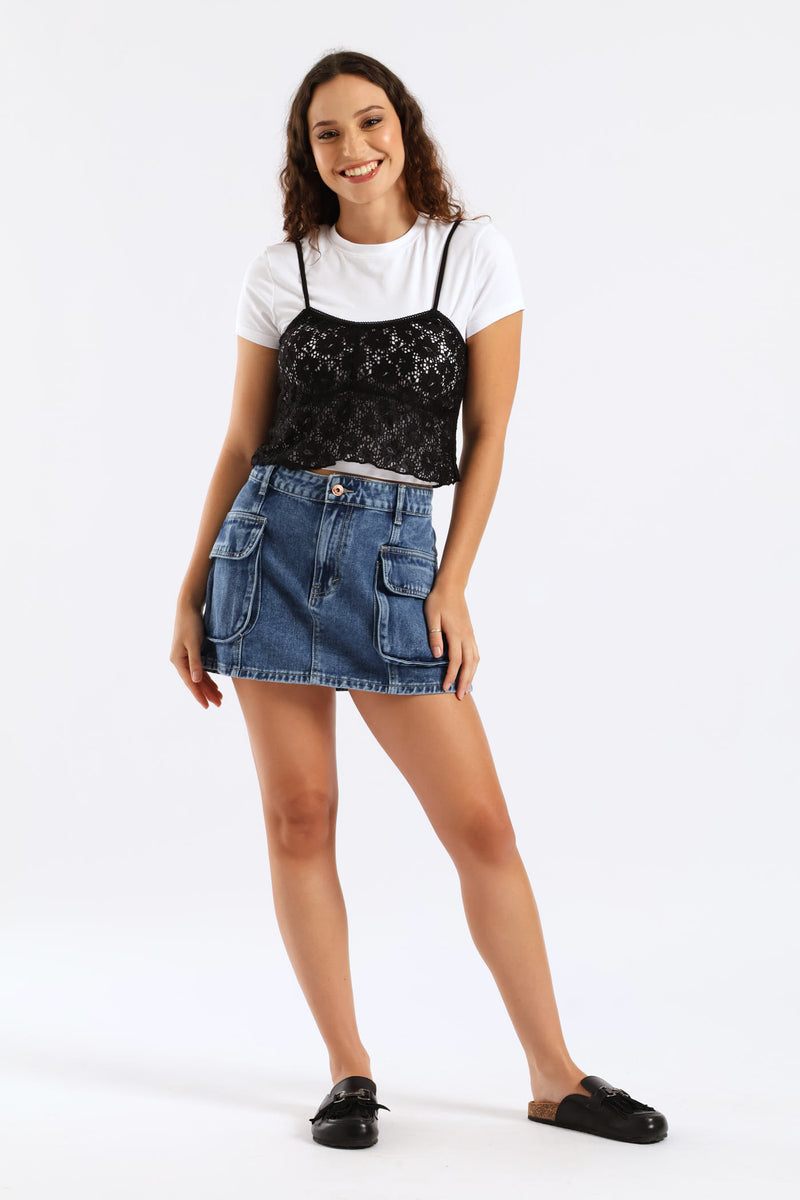 Cargo Panel Denim Mini Skirt - Salty Dark Wash