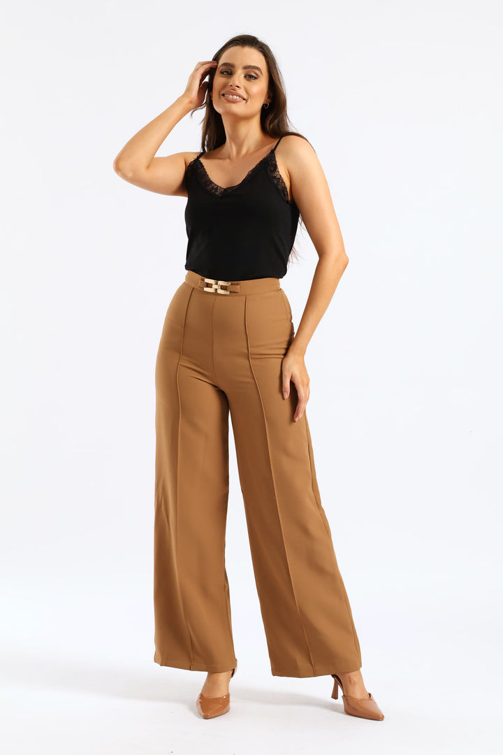 Pin Tuck Trim Wide Leg Pant - Taupe