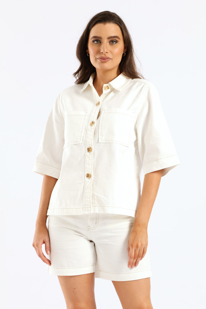 3/4 Sleeve Curved Hem Denim Shirt - White