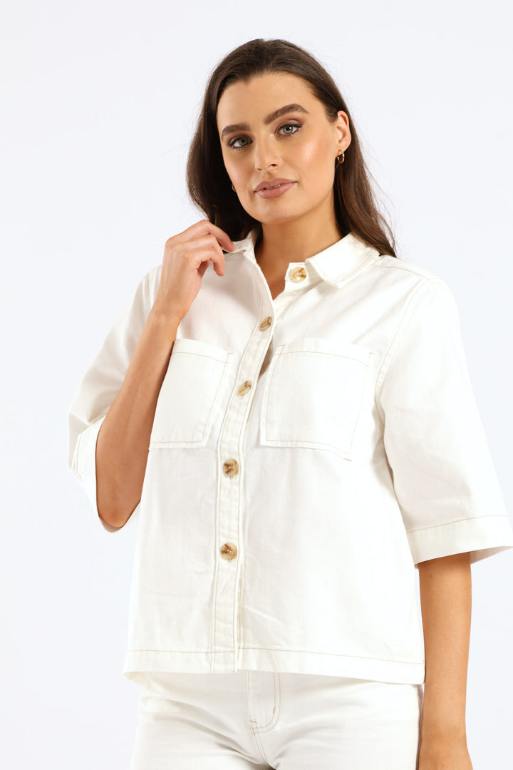 3/4 Sleeve Curved Hem Denim Shirt - White