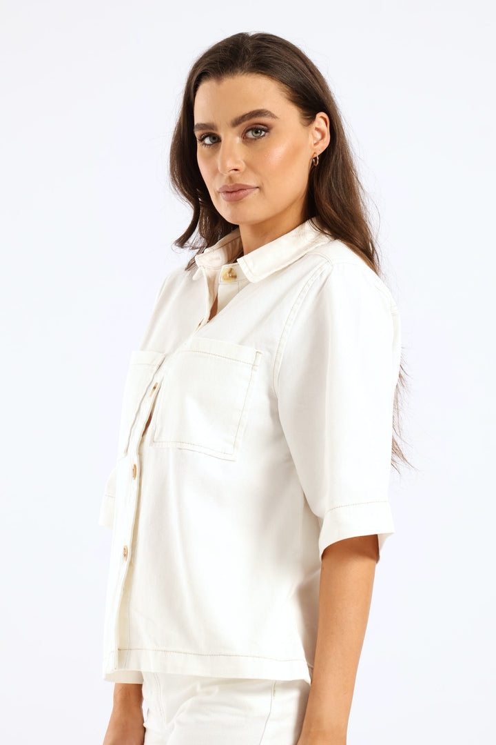 3/4 Sleeve Curved Hem Denim Shirt - White