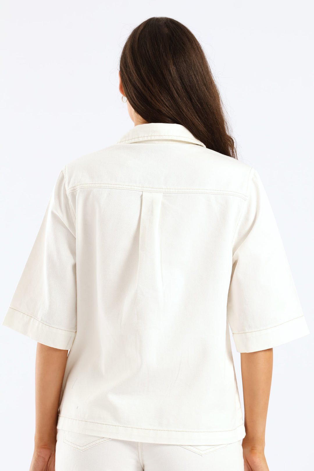 3/4 Sleeve Curved Hem Denim Shirt - White