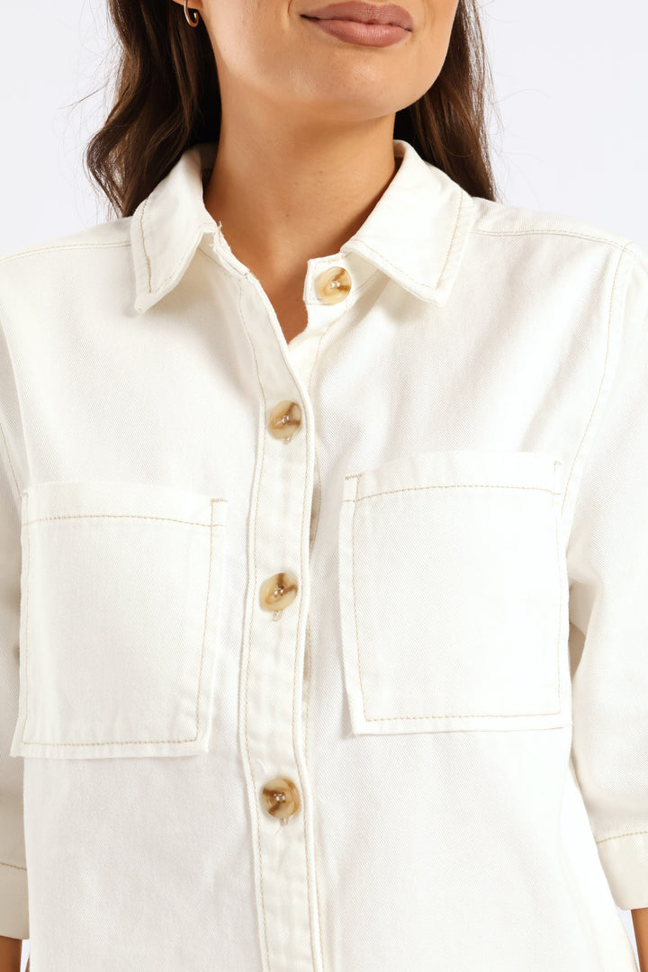 3/4 Sleeve Curved Hem Denim Shirt - White