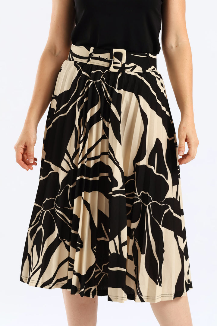 Abstract Monochrome Pleated Midi Skirt - Black/Cream
