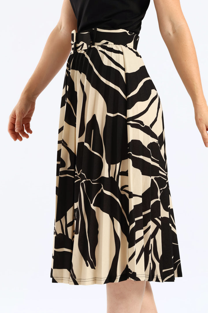 Abstract Monochrome Pleated Midi Skirt - Black/Cream