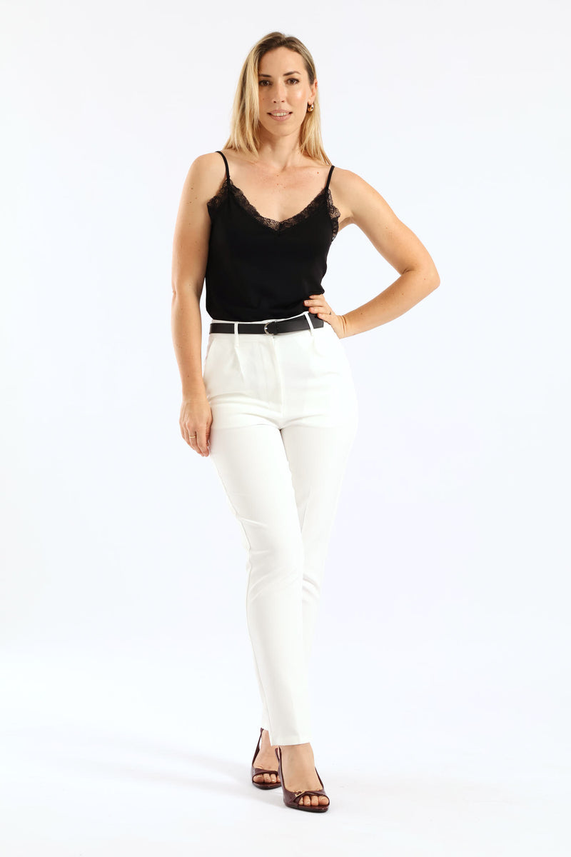 Belted Tapered Leg Pant - Cream