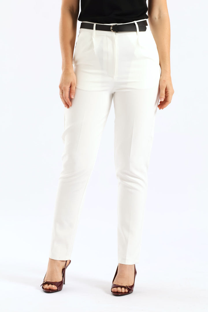 Belted Tapered Leg Pant - Cream