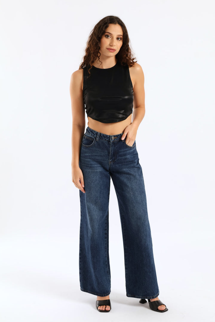 Faux Leather Cropped Tank Top - Black