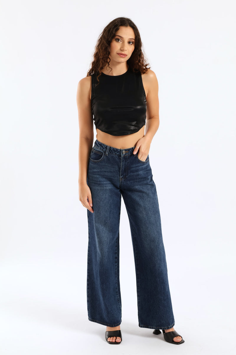 Faux Leather Cropped Tank Top - Black