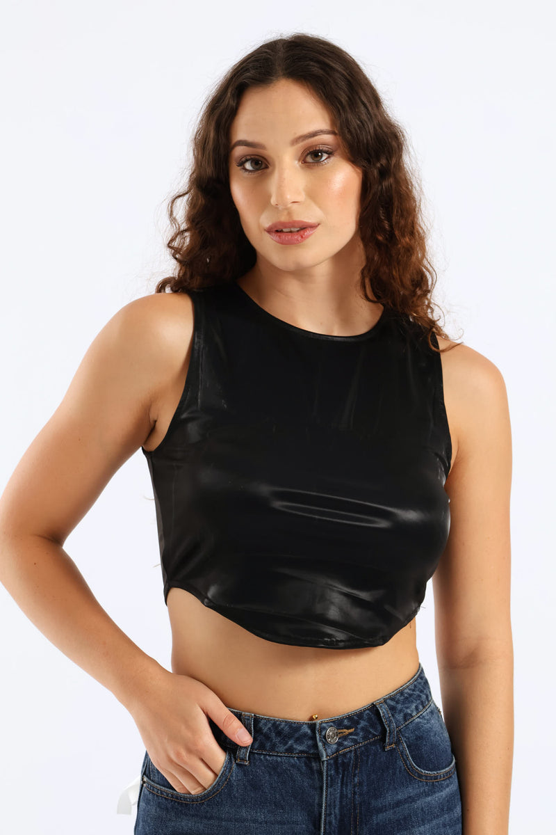Faux Leather Cropped Tank Top - Black