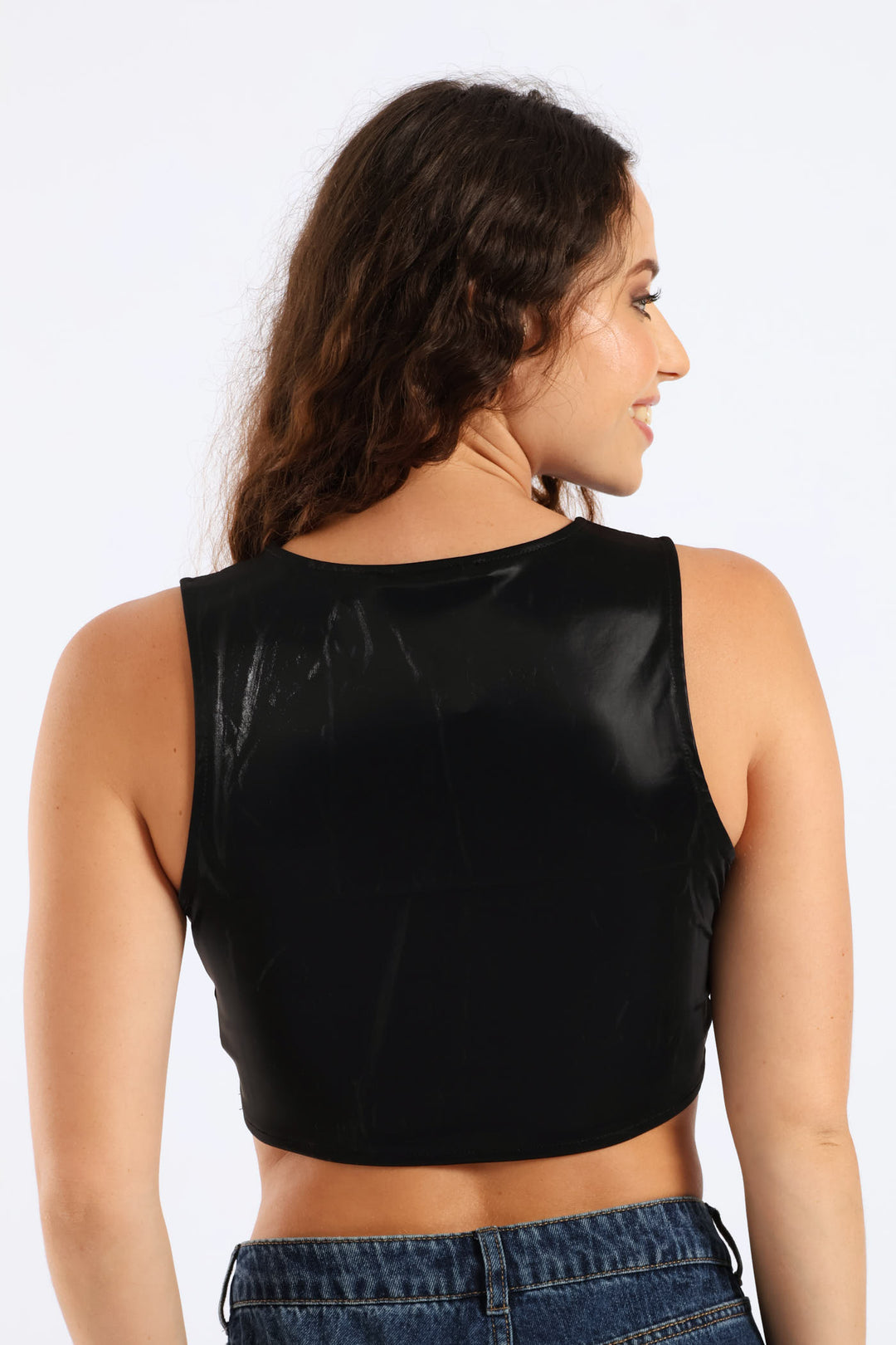 Faux Leather Cropped Tank Top - Black