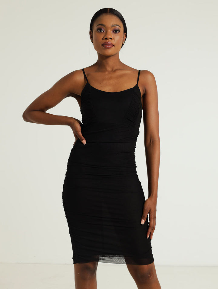 Guaged Panel Bodice Mesh Dress - Black