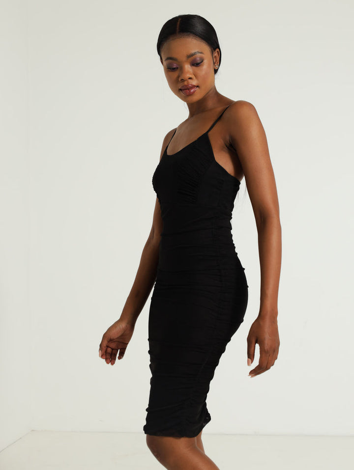 Guaged Panel Bodice Mesh Dress - Black