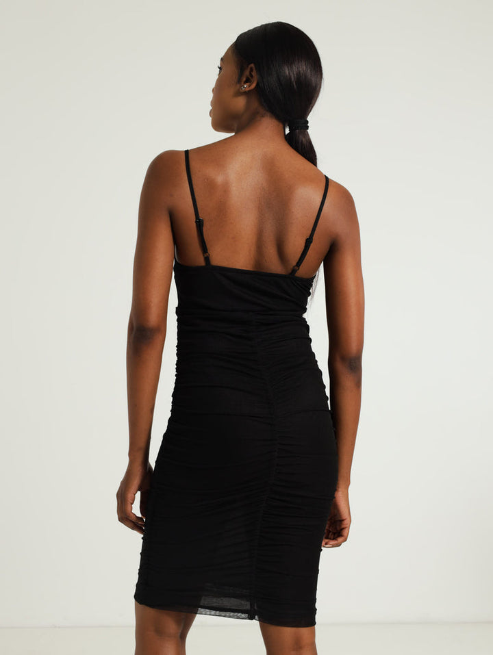 Guaged Panel Bodice Mesh Dress - Black