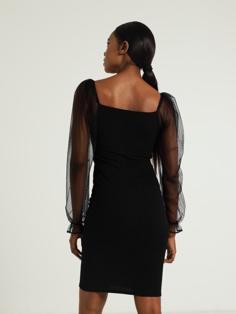 Dobby Mesh Bodycon Dress - Black