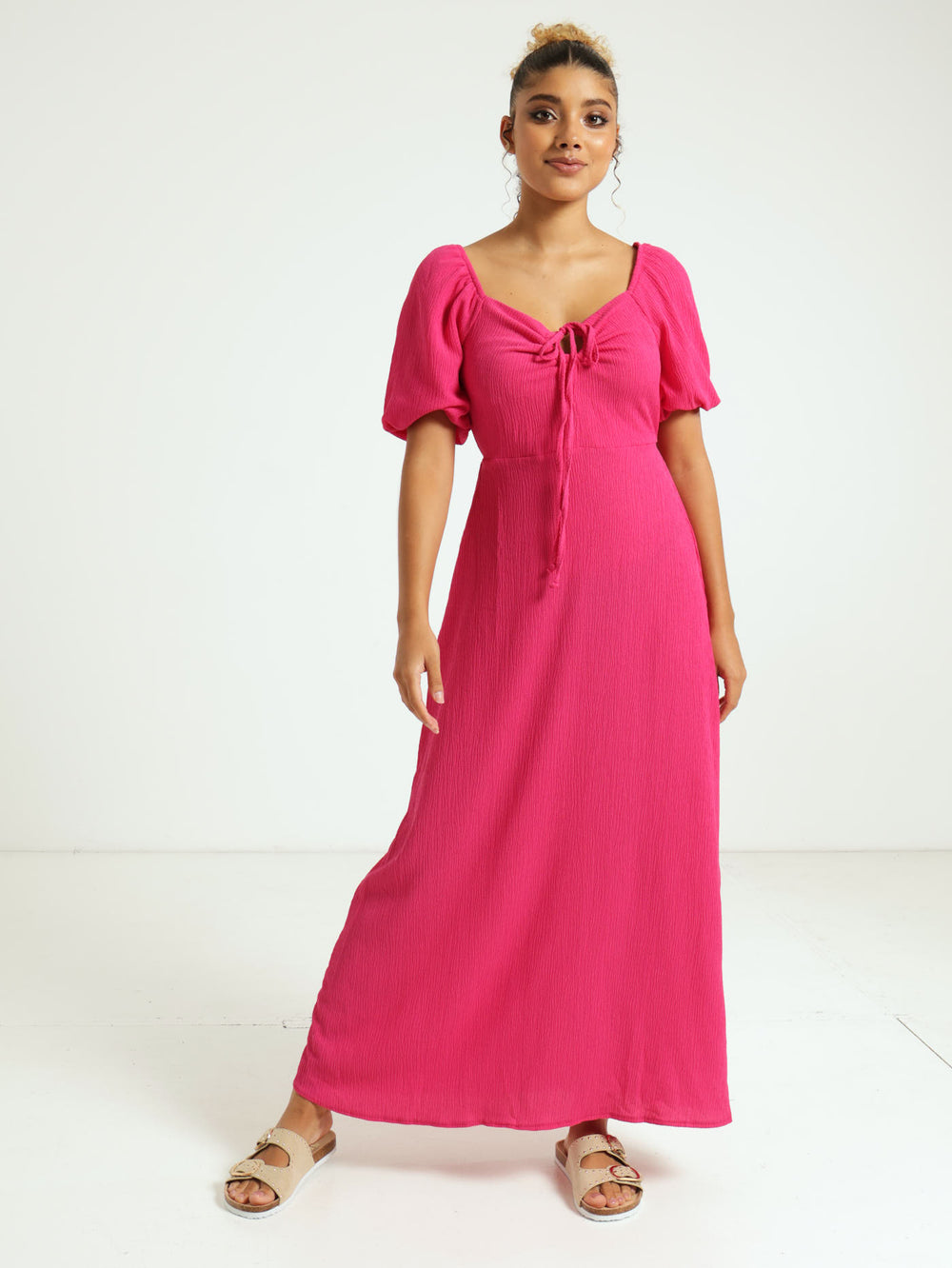 Keyhole Front Puff Sleeve Dress - Pink