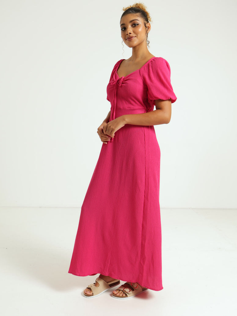 Keyhole Front Puff Sleeve Dress - Pink
